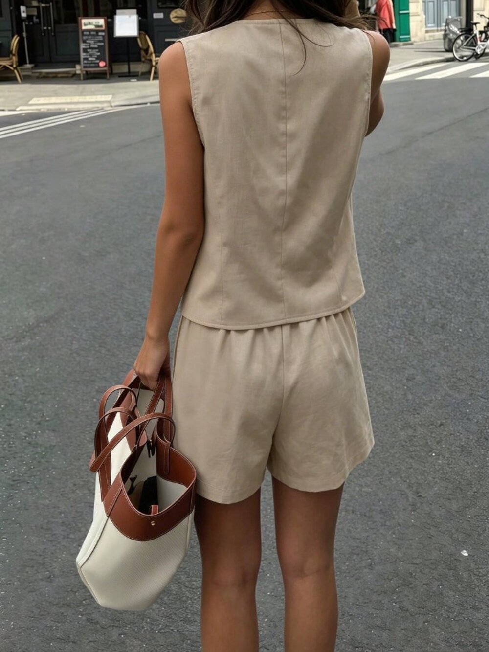 Khaki Casual Women's Vest And Shorts Set - Picture 2 of 5